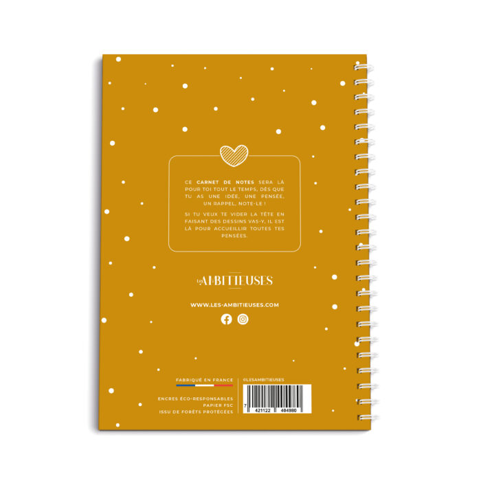 Carnet de notes cocooning moutarde verso fond blanc