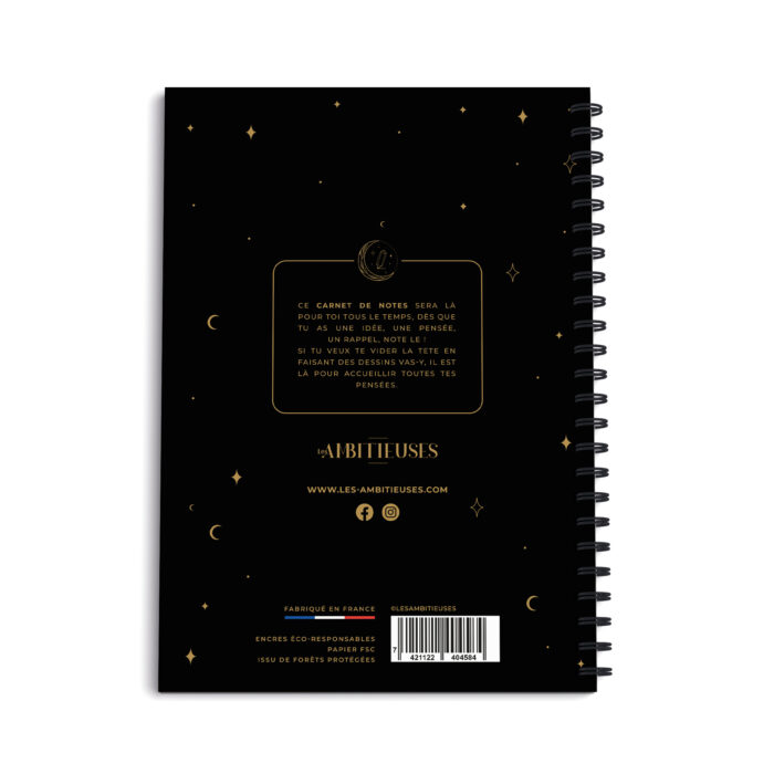 Carnet de notes céleste noir recto fond blanc