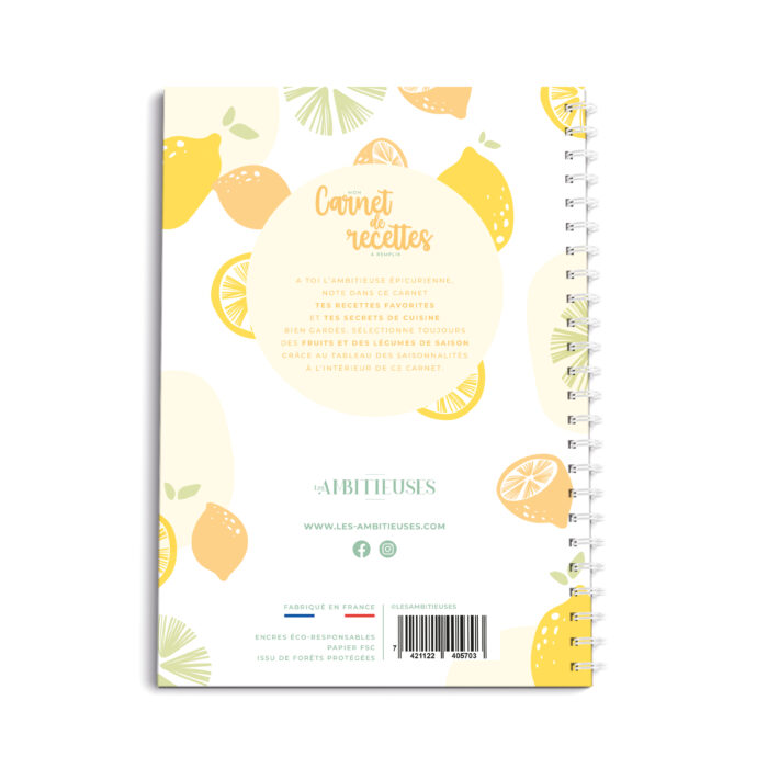 Carnet de recettes à remplir citron verso fond blanc
